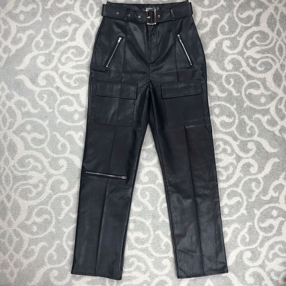 Missguided Chic Vegan Leather Belted High-Rise Straight Leg Pants Size 6 - Picture 2 of 10